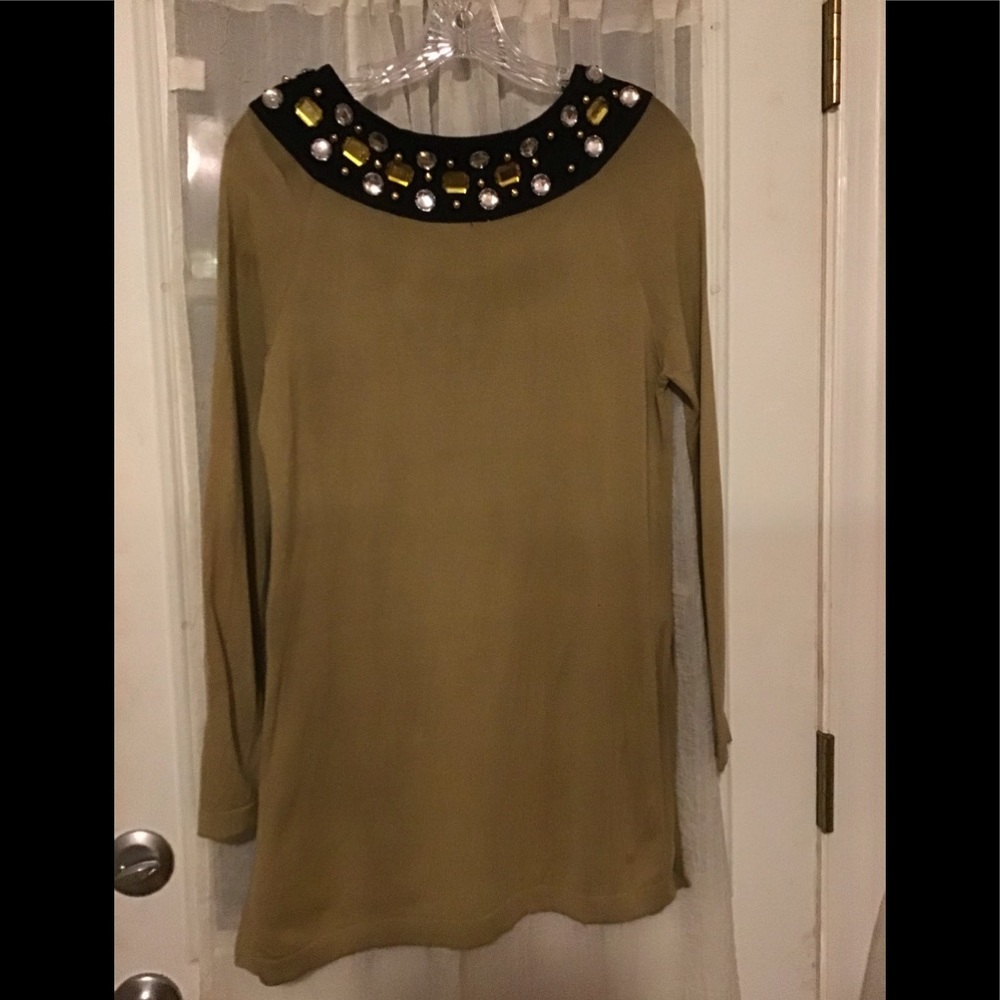 Green long sleeved and long body top with jeweled neckline